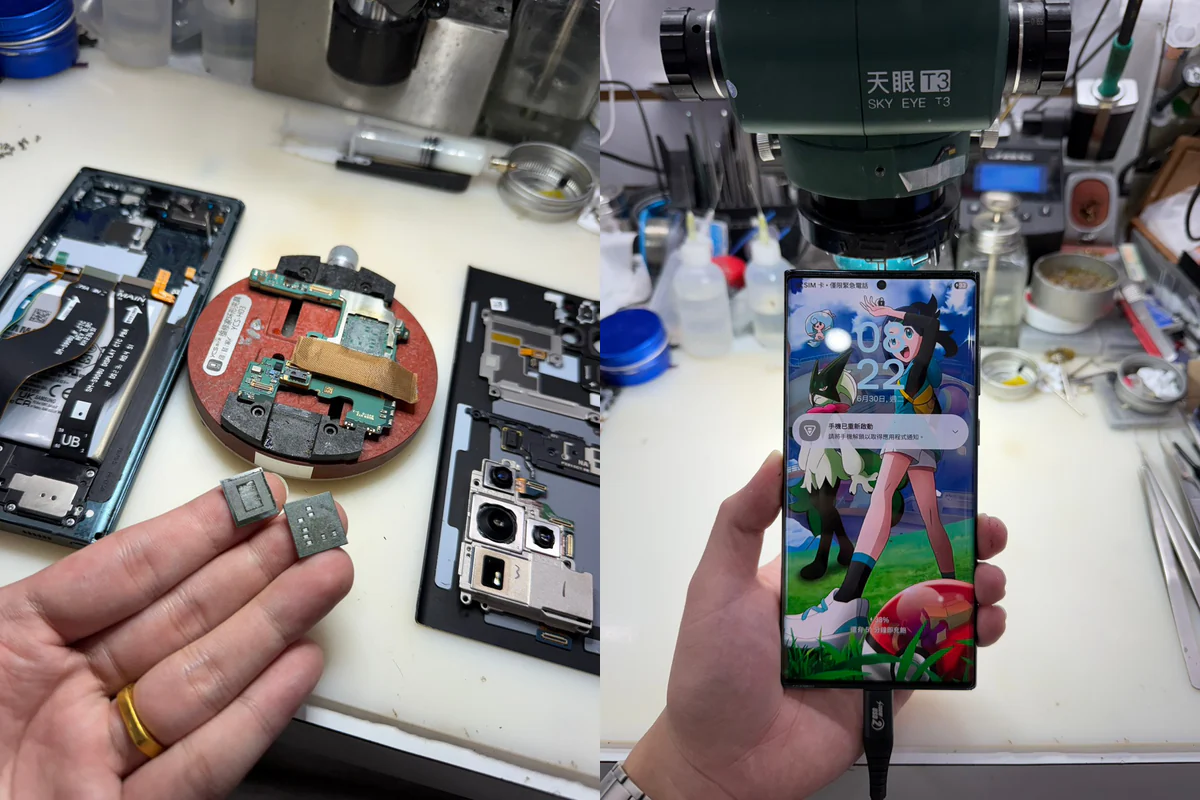 Galaxy S22 Ultra 晶片級拆焊作業與完修開機實拍左右接合圖