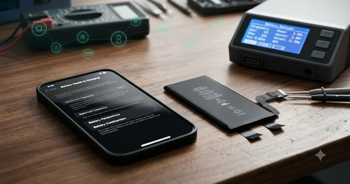 以電池分析儀的探針量測 iPhone 電池連接器,一旁手機顯示電池健康度設定頁面