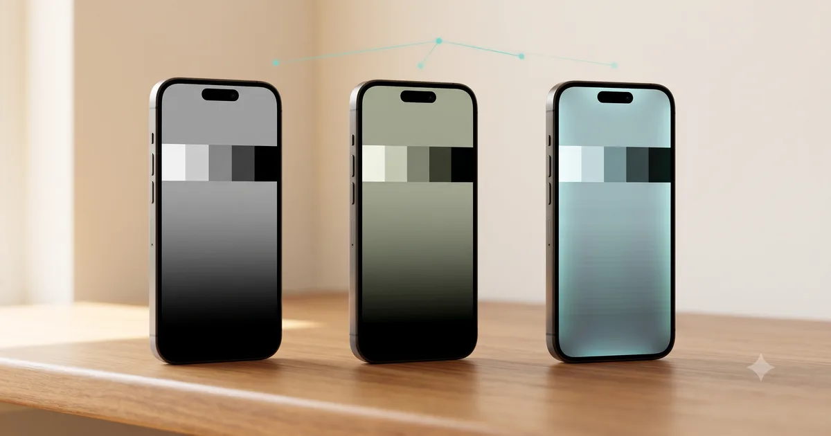 三支相同的 iPhone 並排顯示同一張灰階測試圖，由左到右從中性純黑逐漸偏綠、泛藍發灰，呈現面板等級的顯示差異