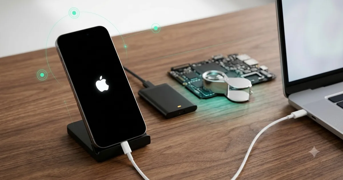 iPhone 卡在開機標誌畫面並接上電腦,旁邊放著外接硬碟與拆下的主機板
