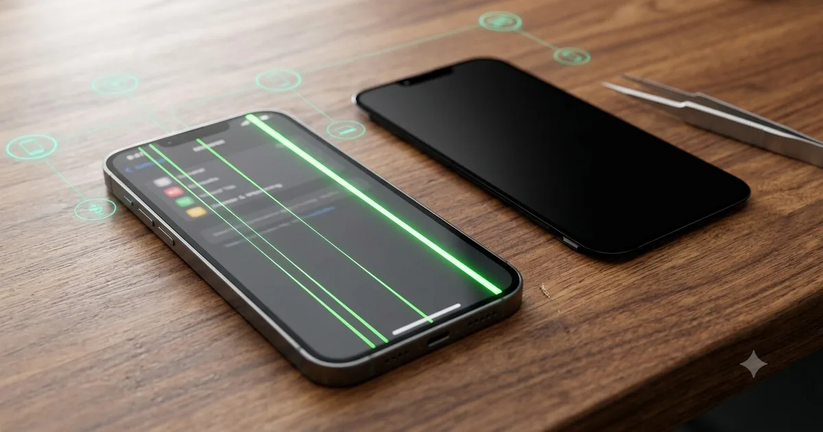一支 iPhone 螢幕出現多條縱向綠線，旁邊放著畫面正常的另一支手機與維修用鑷子