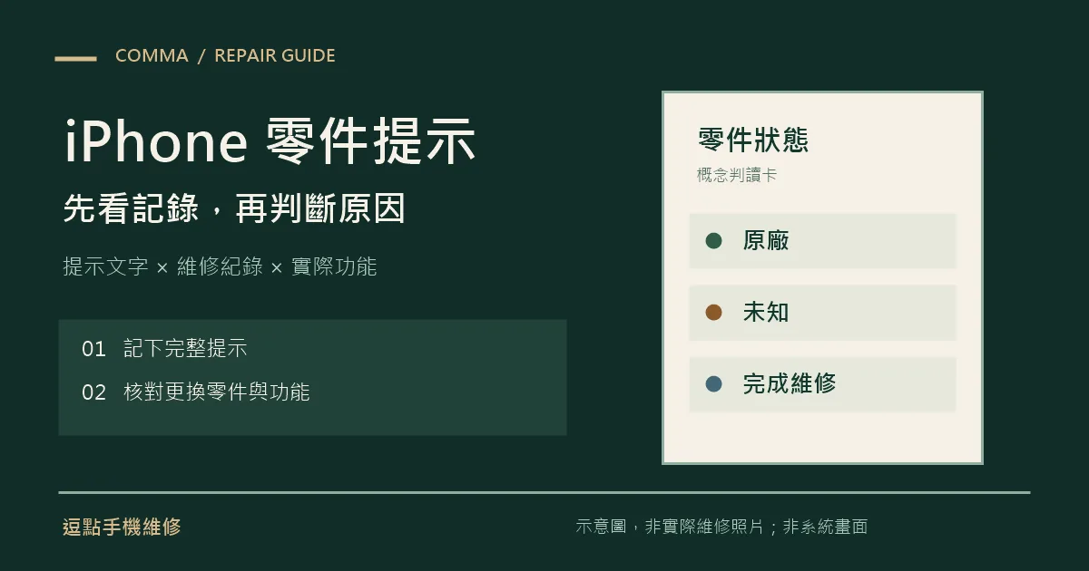 iPhone 零件提示判讀示意圖：先看記錄，再核對更換零件與實際功能。原創示意圖，非實際維修照片，亦非系統截圖。